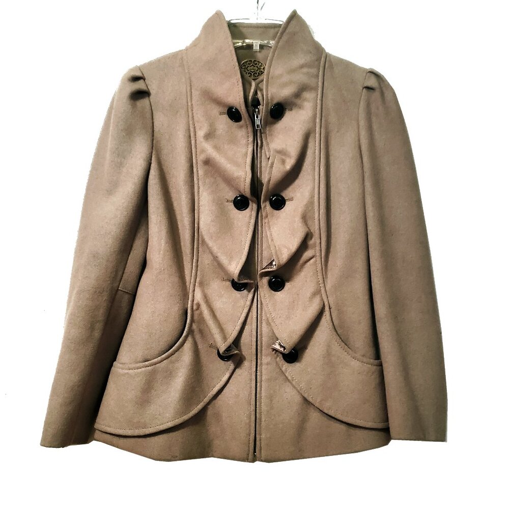 Anthropologie Idra Tan Ruffle Jacket Wool Blend Size 6